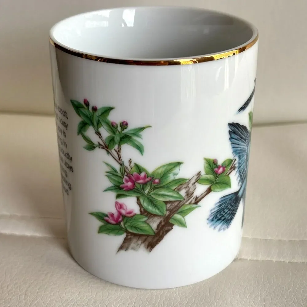 John James Audubon Blue Jay Mug 1985 Porcelain Bird Coffee Tea Cup Gold Trim